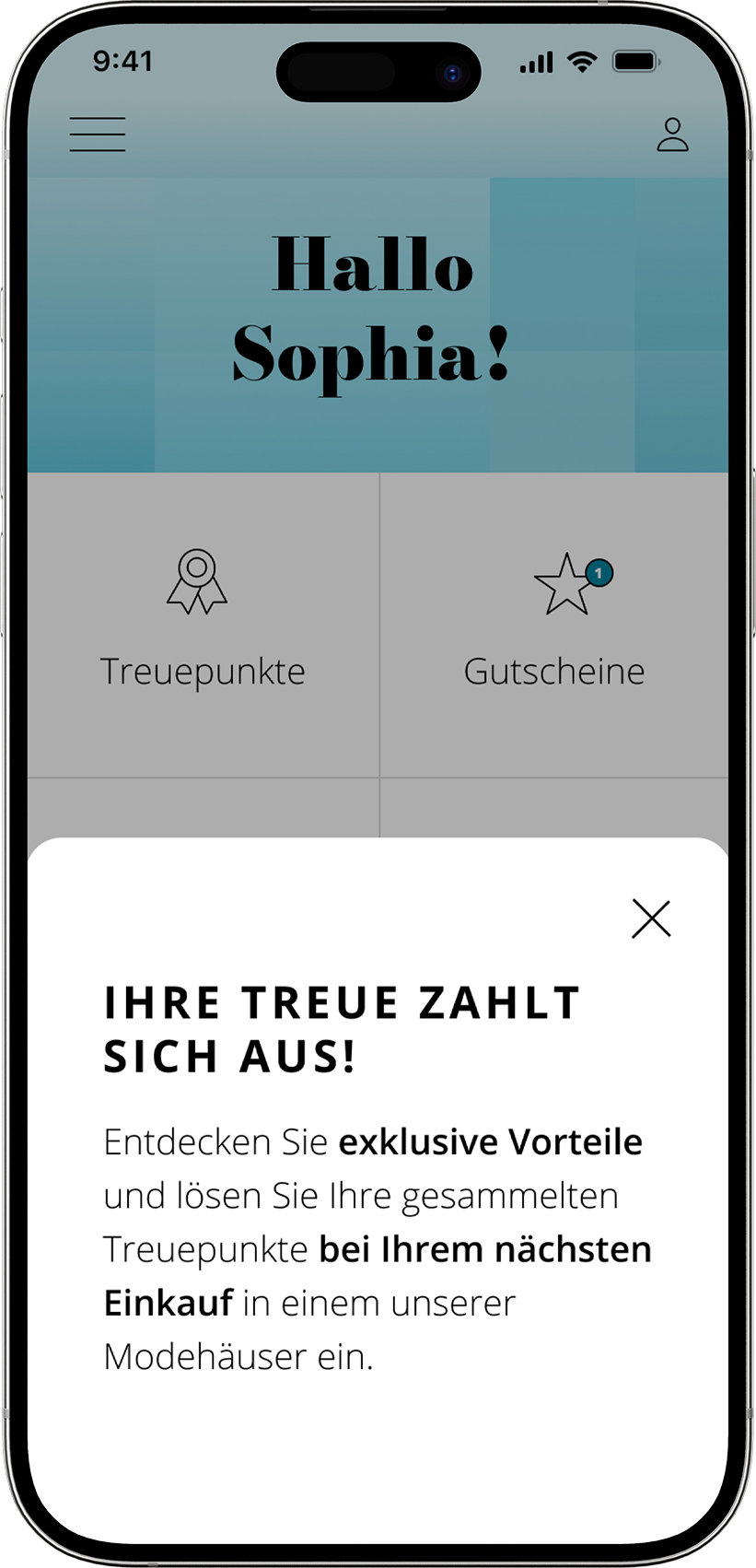 Mode+App Beispiel In-App Benachrichtigung mit dem Hinweis Vorteile zu entdecken