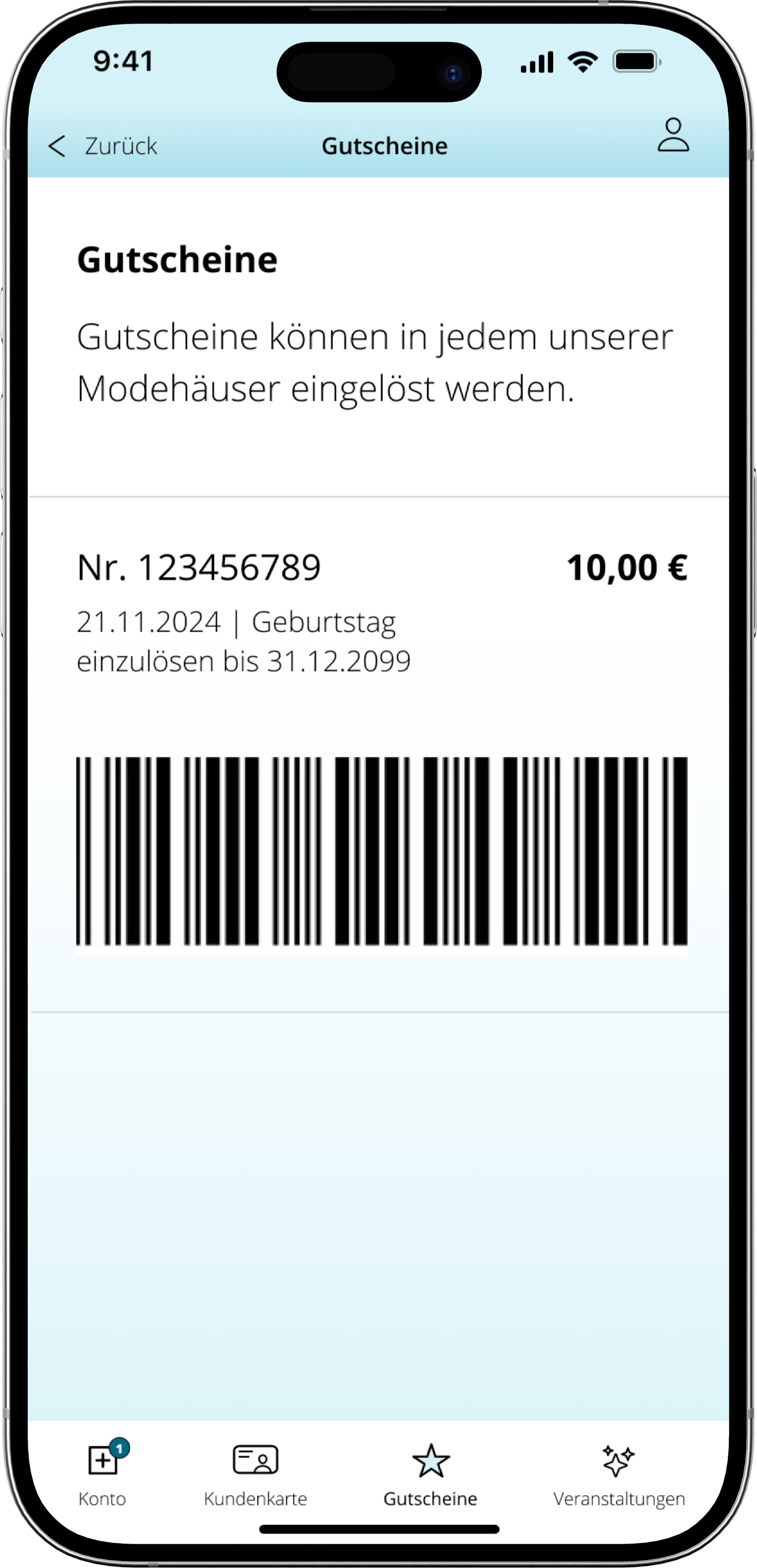 Mode+App Übersicht der Gutscheine mit Auflistung der Gutscheinnummer, Gültigkeitsdatum und Betrag